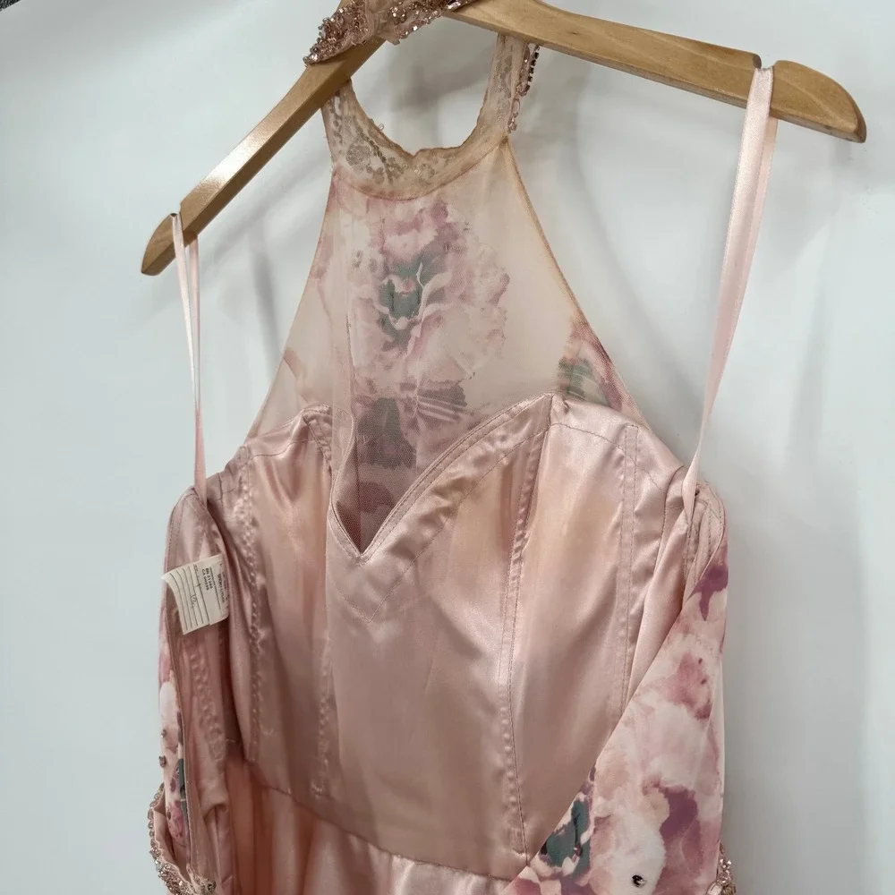 Morilee Prom Dress Pink Floral Beaded Halter Open Back Gown Size 4 99038 - Picture 8 of 16